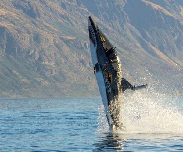 A vessel that looks like a shark in the water